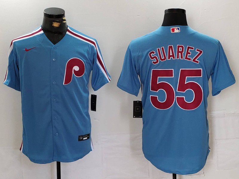 Men Philadelphia Phillies #55 Suarez Blue Throwback 2024 Nike MLB Jersey style 1